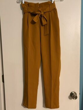 High-Waist Paperbag Tie-Waist Pants - Mustard